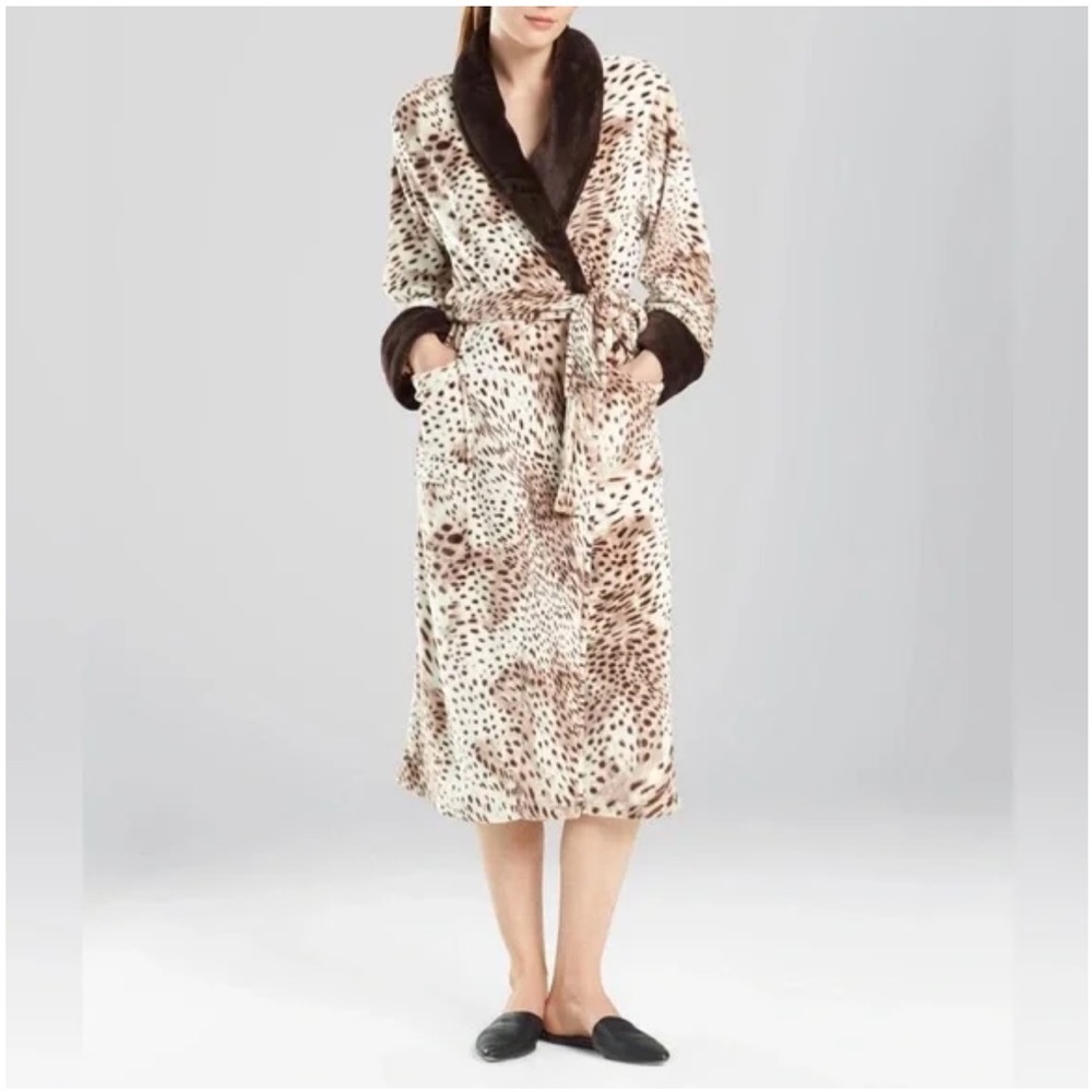 Natori Robe Womens Medium Leopard Print Plush Shawl Collar Tie Waist Mob Wife